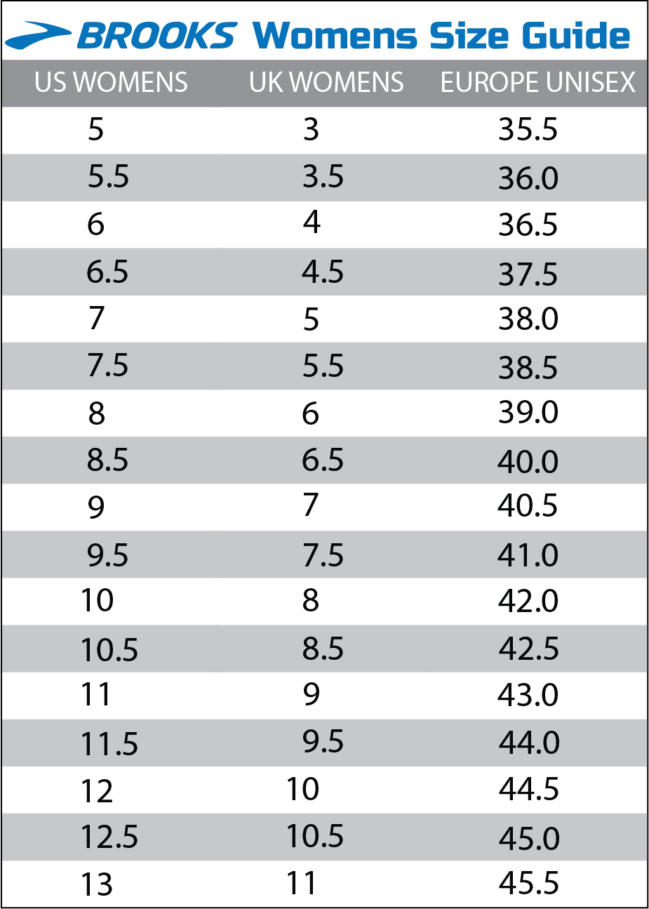 Brooks Women's Size Chart